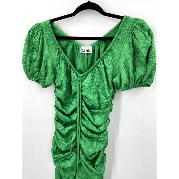GANNI EU 38 green ruched puff shoulder holiday Midi Dress - Picture 4 of 10